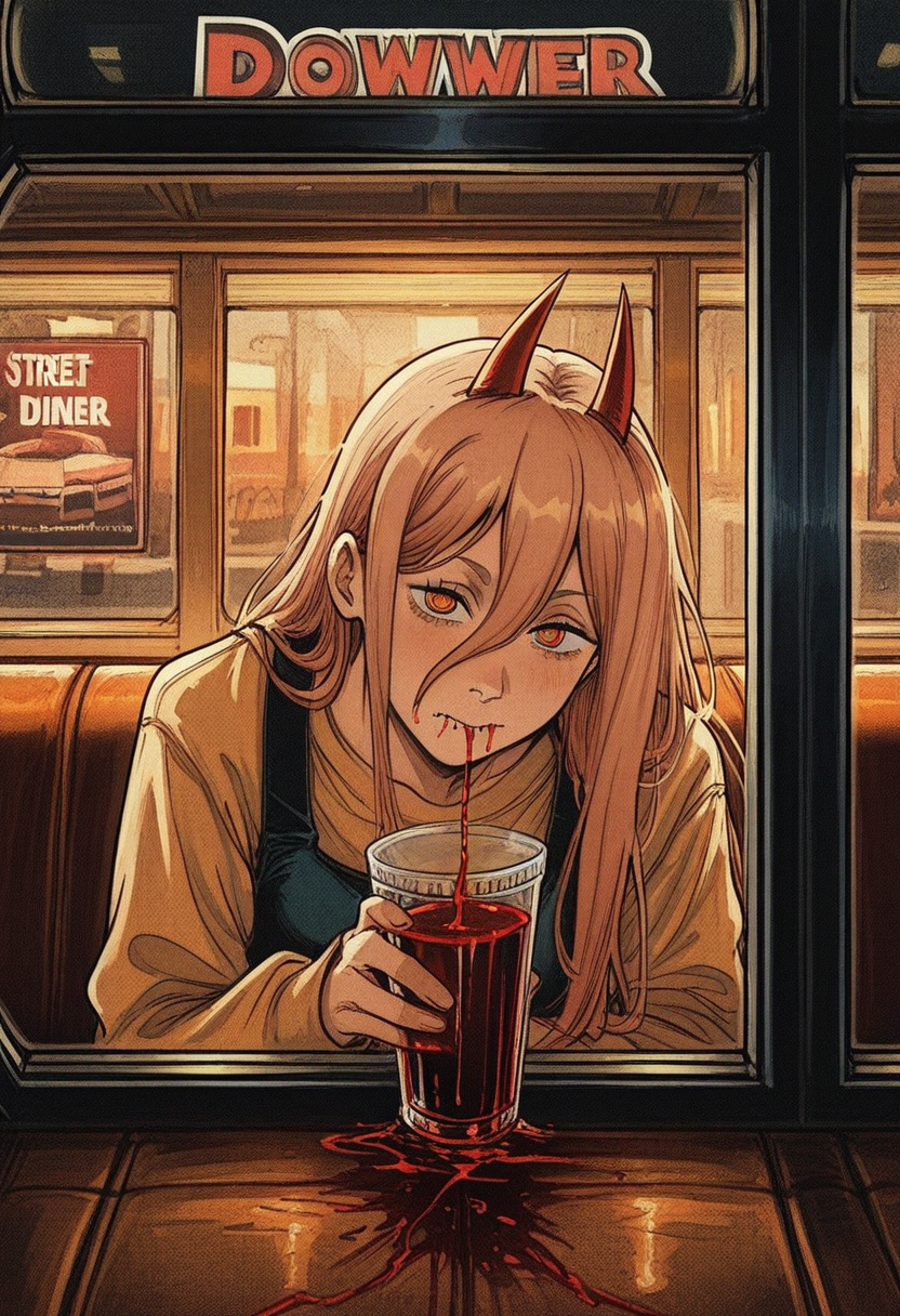 813nm0hstyle,   masterpiece, best quality, solo,                                                                                                                                                                                                                                                   power \(chainsaw man\),  red horns, drinking blood smoothie, straw, street, seated in diner, warm colors, window,