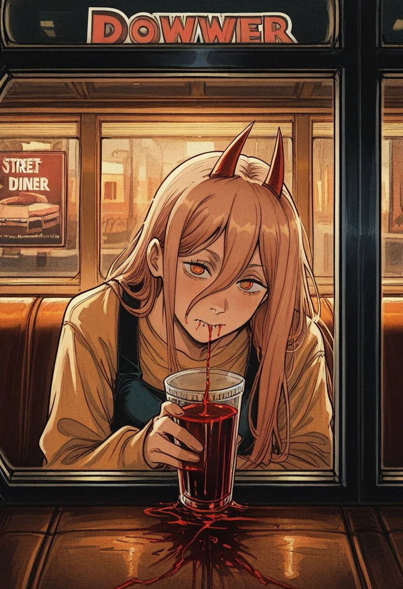 813nm0hstyle, masterpiece, best quality, solo, power \(chainsaw man\), red horns, drinking blood smoothie, straw, street, seated in diner, warm colors, window,