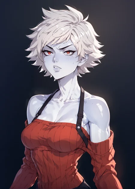 white skins, spiky red short tomboy hair, neutral expression, tight sweater, <lora:NAHIRI:1> nahiri, 1girl, solo, short hair, breasts, bare shoulders, white hair, colored skin, <lora:Amplected_3d_anime_art_style:1>, source_anime, score_9_up, score_7_up, score_8_up