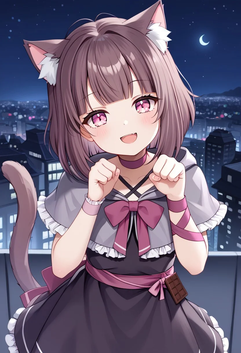 1girl, solo, highres, Shondo1st, bangs, pink eyes, hair bow, brown hair, medium hair, petite, sidelocks, flat chest, 
cat ears, animal ear fluff, cat tail, cat girl,
black dress, criss-cross halter, frilled dress, waist bow, pink bow, single wrist cuff, arm ribbon, pink ribbon, pink choker, chocolate, food-themed clothes, collarbone, grey capelet, hooded capelet, hood down,
looking at viewer, paw pose, hands up, head tilt, smile, open mouth, leaning forward,
cityscape, night, night sky, dark, backlighting, silhouette,