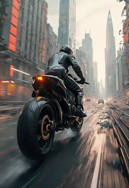 Capture a hyperrealistic depiction of a black matte futuristic armored motorcycle in a time-lapse sequence, as it speeds through a post-apocalyptic cityscape. Employ a dynamic motion blur to convey the bike's incredible velocity, with a fluid transition between frames that creates a captivating visual storytelling experience.
As the motorcycle dominates the foreground, the backdrop evolves and changes around it, with crumbling structures and abandoned vehicles giving way to sleek, neon-lit skyscrapers and towering megaliths. The accelerated time-lapse photography accelerates the transformation, revealing a world on the cusp of transformation.
The camera's low-angle shot emphasizes the bike's power and predatory lines, with a shallow depth of field that draws the viewer's gaze towards the intricate machinery and advanced technology that propels it forward. As the motorcycle speeds through the changing landscape, its matte black finish seems to absorb and reflect the shifting colors and textures of the environment, creating an otherworldly, futuristic aesthetic.
The time-lapse sequence accelerates and decelerates, slowing down to highlight the bike's sleek design and advanced features, before speeding up again to convey the thrill and exhilaration of the ride. The result is a mesmerizing, high-energy visual narrative that showcases the motorcycle as a symbol of technological prowess and innovation in a world of rapid transformation."