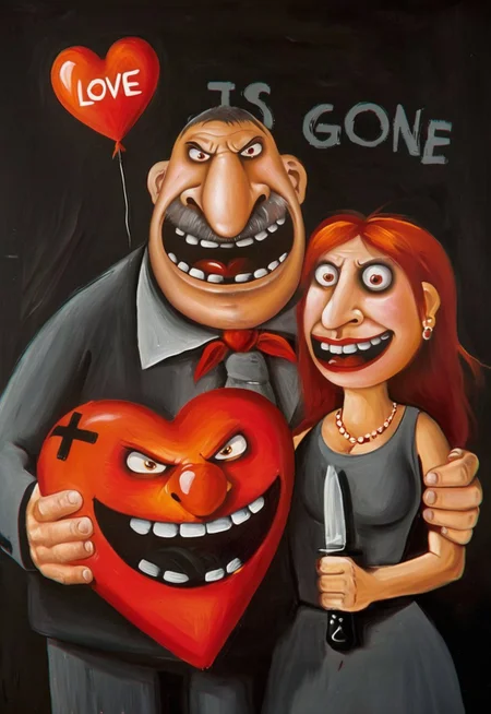 extremely detailed
Man with woman happy face with knife
angry man holding big red heart with (text: "LOVE":1.2) "IS GONE" on the  black wall <lora:LojkinXL:0.8> oil paint, painting