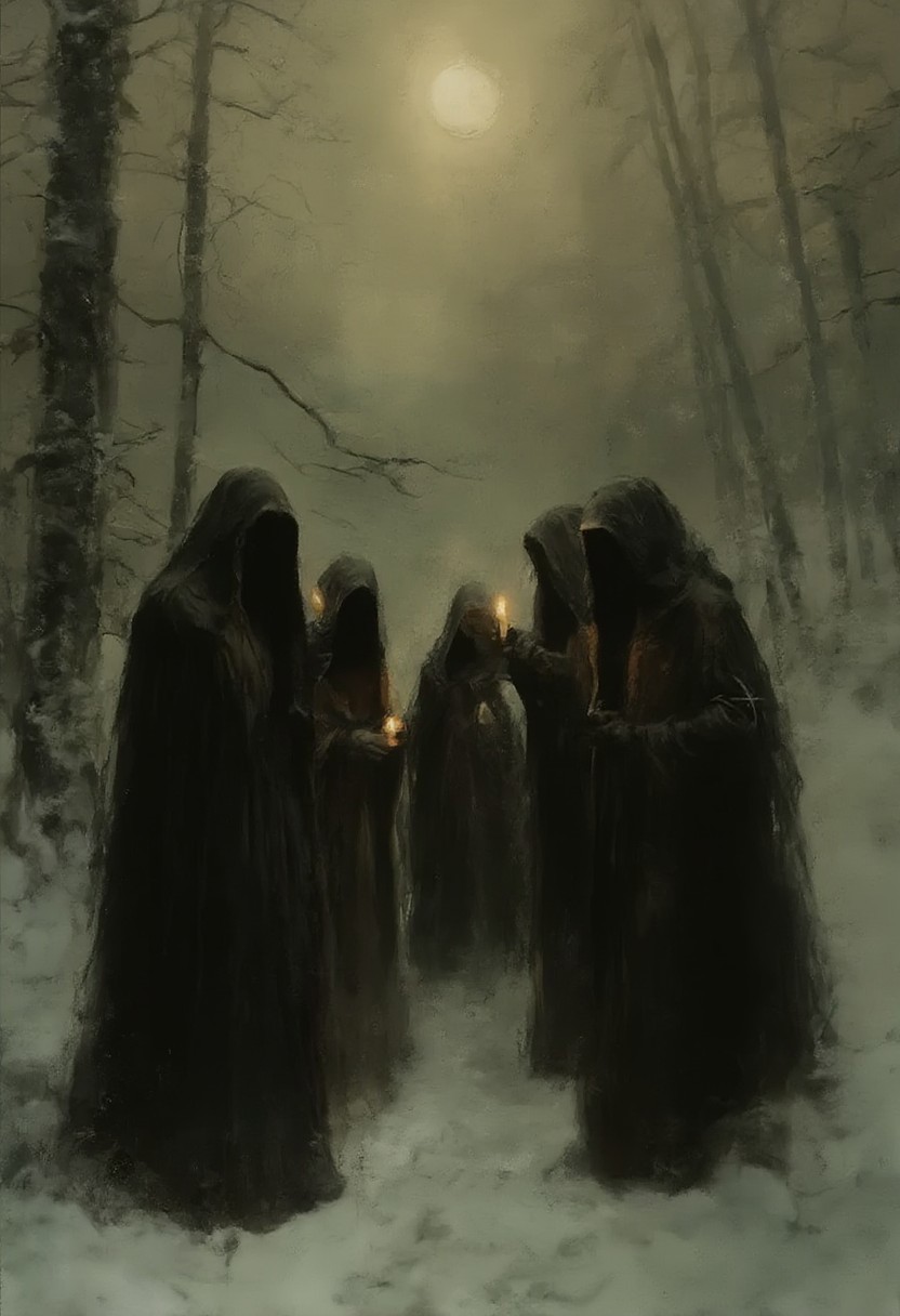 vicgoth, <lora:victoriangothic_v40_rank64_bf16-step00720:0.8>, An eerie winter forest scene with four cultists dressed in long, black robes, faces obscured by their hoods. They hold candles and praying, creating an ominous and mysterious atmosphere, enhanced by the moonlight.