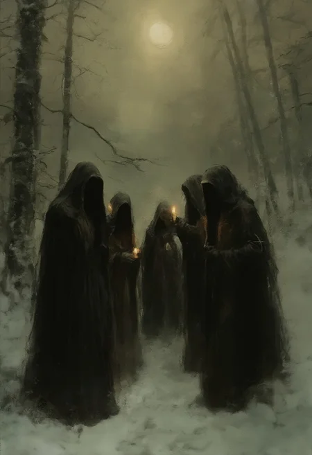 vicgoth, <lora:victoriangothic_v40_rank64_bf16-step00720:0.8>, An eerie winter forest scene with four cultists dressed in long, black robes, faces obscured by their hoods. They hold candles and praying, creating an ominous and mysterious atmosphere, enhanced by the moonlight.