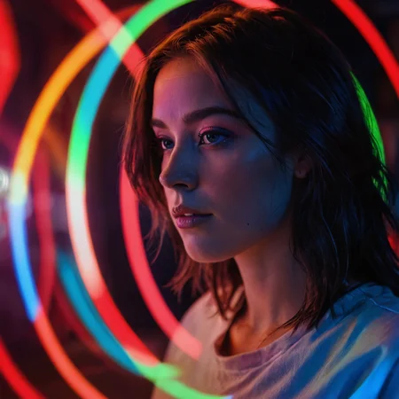 woman, circle, neon reflections, strange, colorful, beautiful, intense artificial light