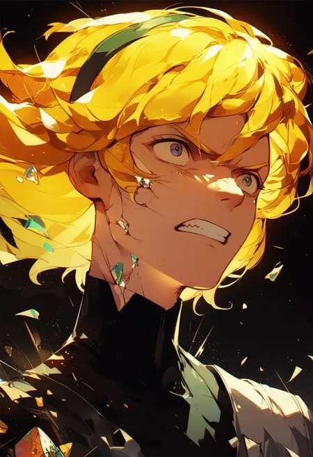 score_9,score_8_up,score_7_up,score_6_up,source anime BREAK, <lora:Kenva:1.0>, knva, halftone effect, absurdres,1boy, muscular, yellow hair, crystal hair, amputee, gem, clenched teeth, cowboy shot, damaged, broken, <lora:houseki_no_kuni_artworks-000014:1>