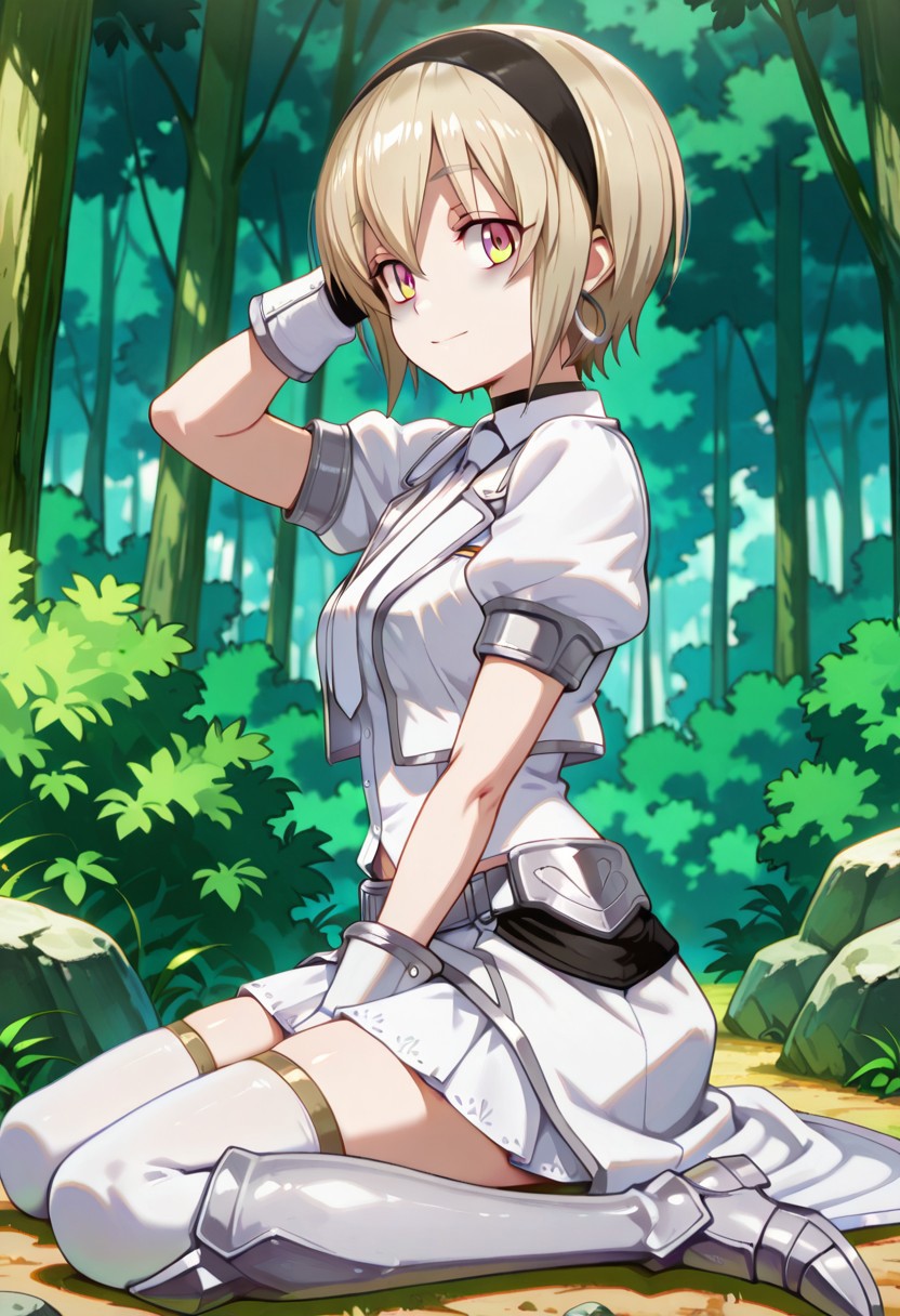 medium depth of field, rule of thirds, masterpiece-level, clean lines, sharp, focused subject, minimalistic composition, masterpiece, amazing quality, best quality, anime screencap, detailed face, detailed eyes, detailed outfit, face focus, 
general,highres, ultra-detailed,very aesthetic,best quality ,best hands, perfect anatomy,detailed,
BREAK 1girl, solo,pekora_cnr, 1girl, blonde hair, short hair, bangs, yellow eyes, multicolored eyes, shiny hair black hairband,bags under eyes,
azure armor, 
full azure armor, white shirt, white tie, white waist cape,
silver hoop earrings, silver arm shield, black choker,
white hair ribbon hairband, white thighhighs, white cropped jacket, white armored gloves, white miniskirt, white armored boots,
from front, from side, cowboy shot,
wariza, hand in own hair, happy, light smile, looking at viewer,
(Forest, woods, trees, rocks, bushes, mountains,),