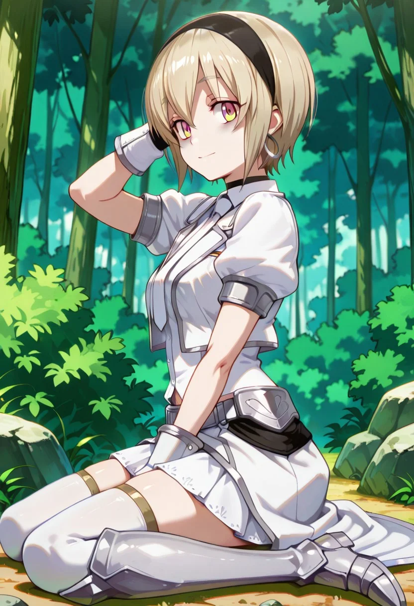 medium depth of field, rule of thirds, masterpiece-level, clean lines, sharp, focused subject, minimalistic composition, masterpiece, amazing quality, best quality, anime screencap, detailed face, detailed eyes, detailed outfit, face focus,
general,highres, ultra-detailed,very aesthetic,best quality ,best hands, perfect anatomy,detailed,
BREAK 1girl, solo,pekora_cnr, 1girl, blonde hair, short hair, bangs, yellow eyes, multicolored eyes, shiny hair black hairband,bags under eyes,
azure armor,
full azure armor, white shirt, white tie, white waist cape,
silver hoop earrings, silver arm shield, black choker,
white hair ribbon hairband, white thighhighs, white cropped jacket, white armored gloves, white miniskirt, white armored boots,
from front, from side, cowboy shot,
wariza, hand in own hair, happy, light smile, looking at viewer,
(Forest, woods, trees, rocks, bushes, mountains,),
