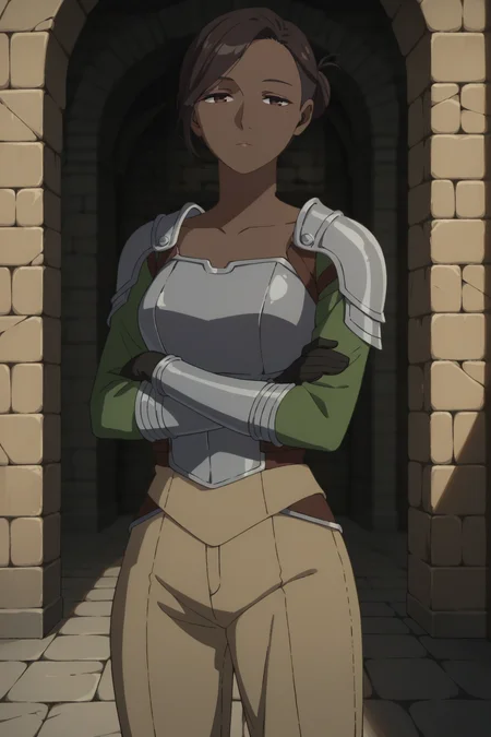 score_9, score_8_up, score_7_up, source_anime, 1girl, prefect lighting, very aesthetic, intricate details, highly detailed background, masterpiece, high quality, prefect hands, best quality, solo,
<lora:Kiki_Floke_Dungeon_Meshi_V1:.85>, KJOkiki, brown hair, brown eyes, swept bangs, dark skin, mole under eye, half-closed eyes, hair bun,
leather armor, leather gloves, beige cargo pants, knee boots, long sleeves, gloves,
crossed arms, looking at viewer, expressionless, head tilt,
dungeon, ruins, dimly lit,
(Beautiful, medium Breasts:1.2), natural breasts,