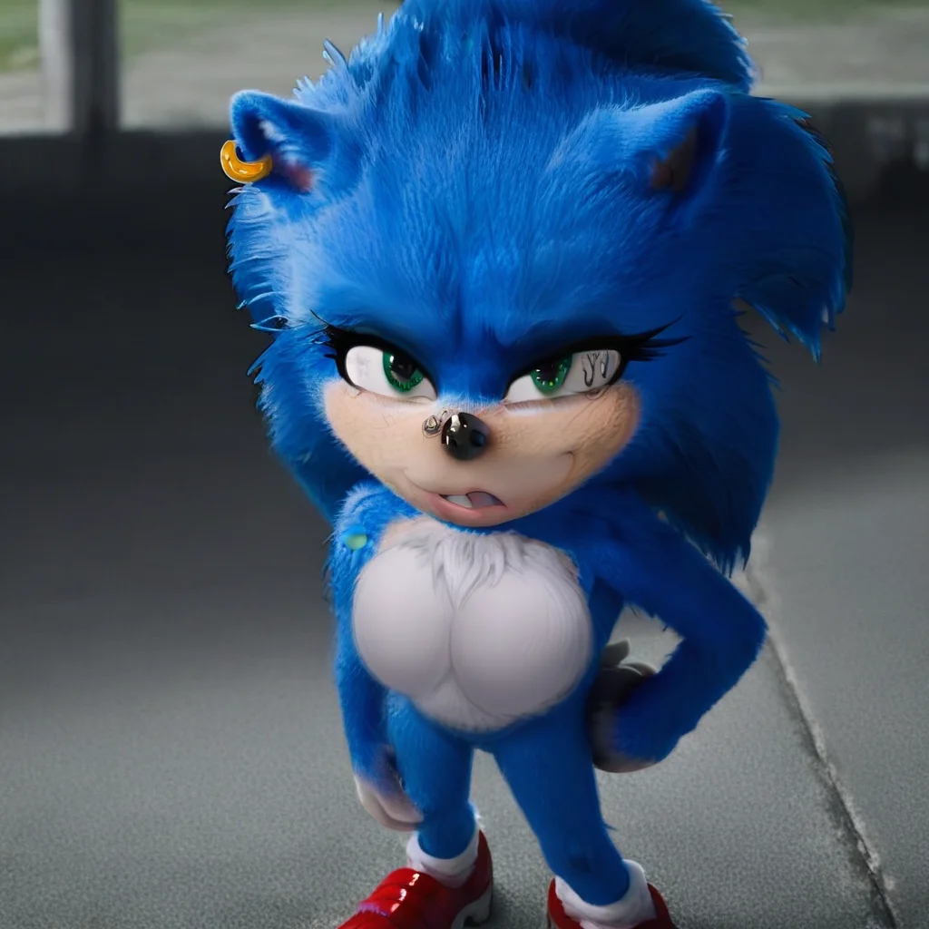 animal ears, Sonic, white socks, blue hedgehog, earring, eyeshadow, female anthro, red shoes, white gloves, green eyes, choker