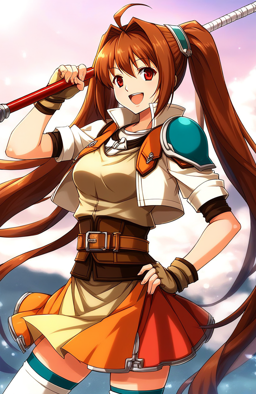 score_9, score_8_up, score_7_up, source_anime, rating_explicit, BREAK  <lora:Estelle_Bright_XL:1> Estelle_Bright, brown hair, very long hair, twintails, ahoge, red eyes, hair intakes, medium breasts,
1girl, solo, thighhighs, staff, skirt, orange skirt, gloves, fingerless gloves, weapon, smile, belt, zettai ryouiki, miniskirt, hand on hip, open mouth, shirt, armor, jacket, jewelry, cropped jacket, bracelet, 
day, sky,
smile,
looking at viewer, 
cowboy_Shot,
