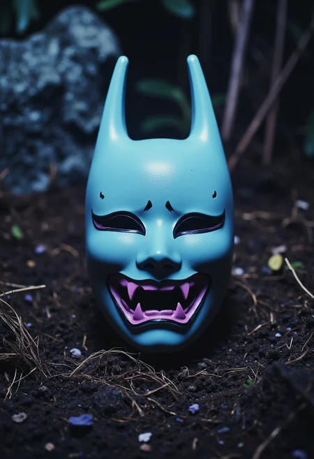 ArsMovieStill, movie still from a 1970s horror movie Studio cursed kitsune mask in a Japanese grave shrine purple cyan miasma