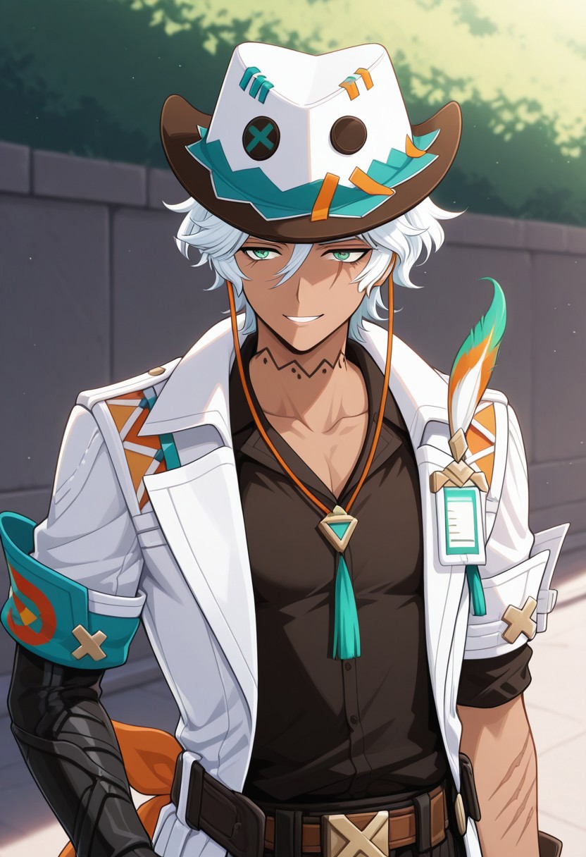 masterpiece,best quality,amazing quality, source_anime,
ifagimpa, 1boy, male focus, solo, dark skin, dark-skinned male, green eyes, white hair, hat, cowboy hat, white headwear, neck tattoo, collarbone, shirt, black shirt, coat, white coat, short sleeves, open coat, scar on arm,  gloves,smile, outdoor,