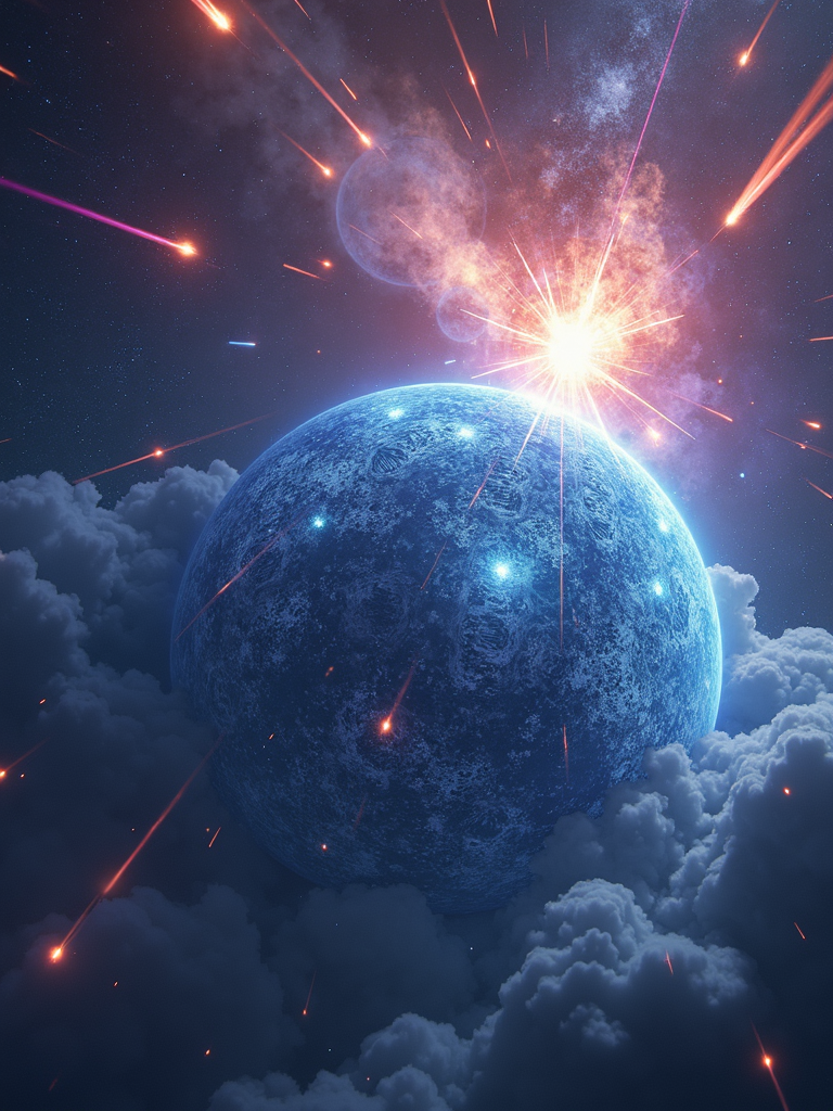 In the vast universe, a huge crystal planet emits mysterious light. The surface of the planet is covered with exquisite patterns, like ancient magic runes. Around it, countless colorful comets are streaking across with long tails. In the distance, an interstellar storm is brewing, with gorgeous energy lights flashing.