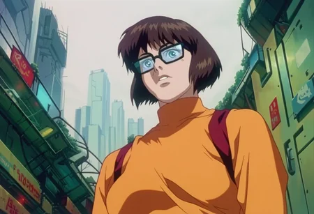 score_9, score_8_up, score_7_up, retro artstyle, cyberpunk, ghostintheshellstyle, 1girl, solo, Velma, chestnut hair, orange turtleneck,