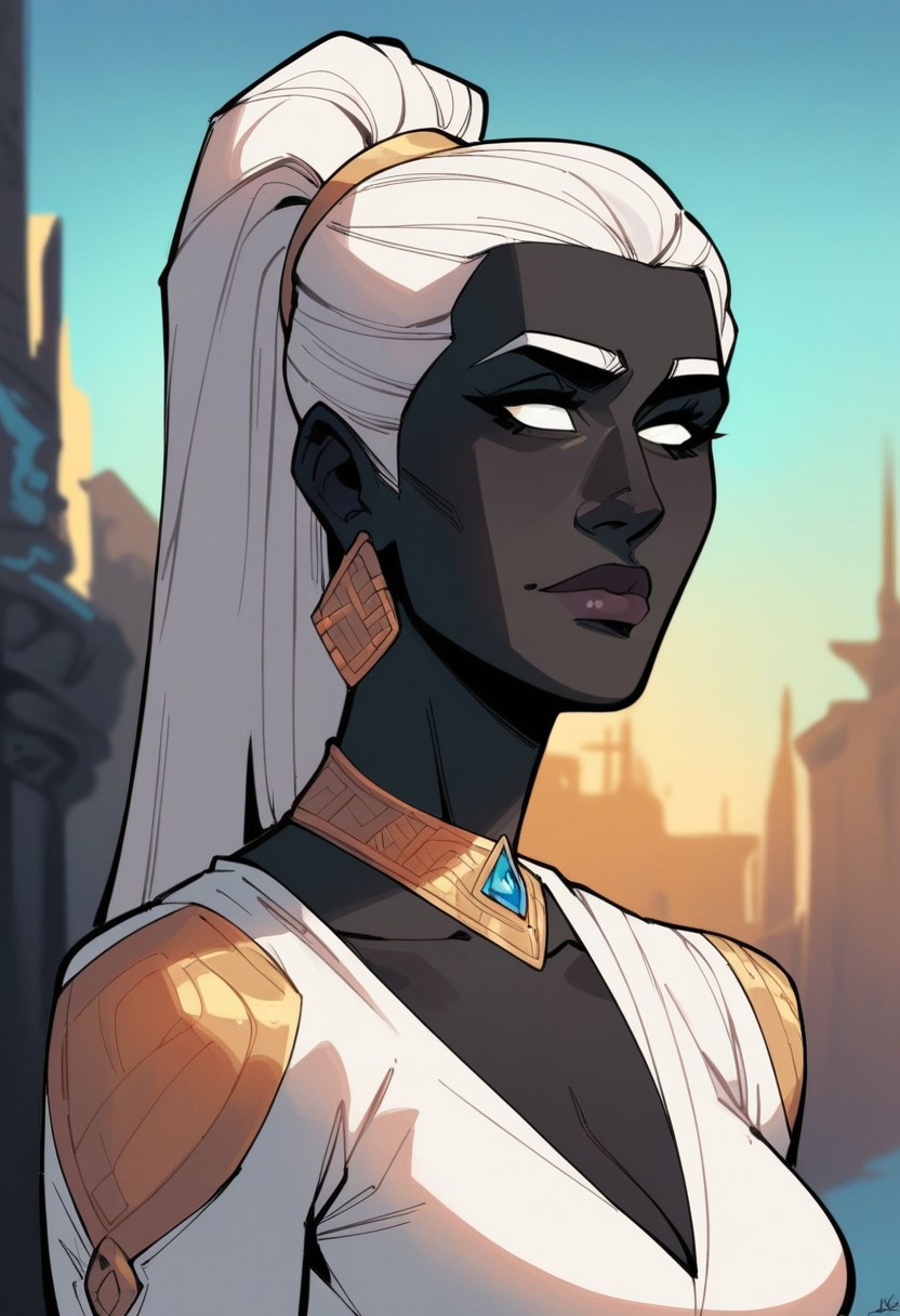 score_9, score_8_up, score_8, score_7_up, score_7, score_6_up, score_6, score_5_up, Score_5,human female, obsidian black skin, onyx black skin, round eyes, white eyes, small eyes, beautiful face, aesthetic face, narrow face, narrow nose, long nose, round ears, white eyebrows, long white hair, high ponytail, very tall, curvy, elegant, royal, aristocratic, majestic, chin up, seductive smile, slender. Silver jewelries. White jewelries. Blue jewelries. Lots of jewelries. White bracers, tight white dress,, vox machine style, 1girl, female focus, solo, portrait,   background of snow-covered landscape, fantasy, (dynamic lighting:1.1)
((masterpiece))