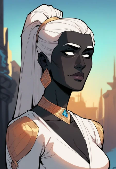score_9, score_8_up, score_8, score_7_up, score_7, score_6_up, score_6, score_5_up, Score_5,human female, obsidian black skin, onyx black skin, round eyes, white eyes, small eyes, beautiful face, aesthetic face, narrow face, narrow nose, long nose, round ears, white eyebrows, long white hair, high ponytail, very tall, curvy, elegant, royal, aristocratic, majestic, chin up, seductive smile, slender. Silver jewelries. White jewelries. Blue jewelries. Lots of jewelries. White bracers, tight white dress,, vox machine style, 1girl, female focus, solo, portrait, background of snow-covered landscape, fantasy, (dynamic lighting:1.1)
((masterpiece))