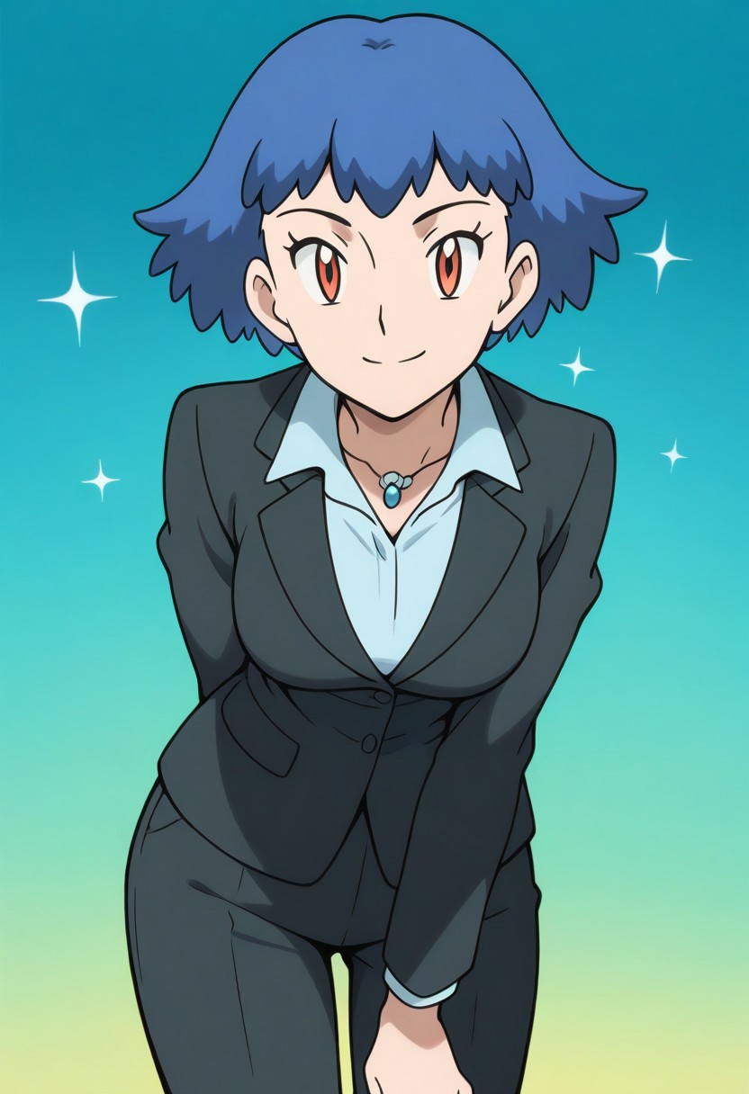 2d, masterpiece, best quality, amazing quality, 1girl, solo, close-up, standing, smile, upper body, leaning_forward, looking at viewer, multicolored background, sparkle, gradient background, colorful background, green background, blue background, office lady, black jacket, collared shirt, necklace, medium breasts, black pants, long pants, (mature female, adult body, grown up, aged up), xymiette, miette \(pokemon\), orange eyes, blue hair, short hair