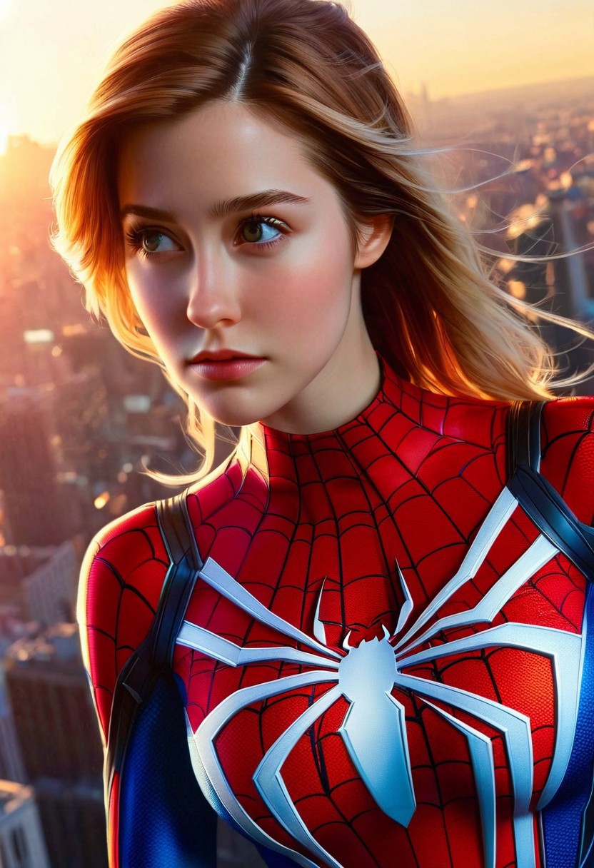 A hyper-realistic portrait of a lone girl, focusing on her upper body, dressed in a sleek Spiderman outfit, with intricate details on the suit's texture and logo, set against a blurred cityscape background with a warm, golden light casting a gentle glow, emphasizing the subject's determined expression, in a cinematic composition with a slight low-angle shot, as if looking up to her, with a vibrant color palette and subtle shading, evoking a sense of heroism and empowerment.