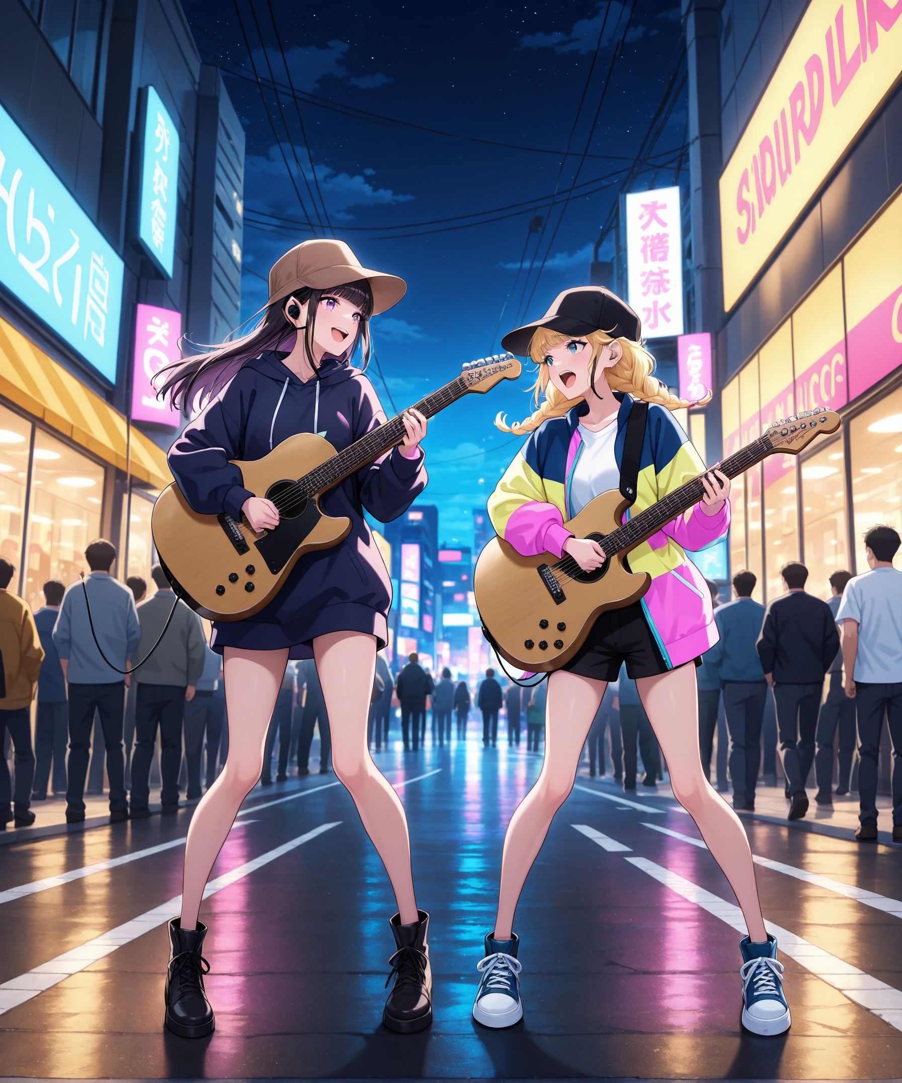 masterpiece,best quality,amazing quality,very aesthetic,absurdres,newest, huge filesize, 
<lora:spo_sdxl_10ep_4k-data_lora_webui:0.5>,anime screenshot, 2d anime,anime coloring, 
<lora:add-detail-xl:1>   paripi koumei, official art, 
2girls, cooperative   singing,holding Guitar,  night,street,  
crowded:1.4. shibuya,listening to music, music, facing another, full body, Street singing,
<lora:Paripi_Koumei_V1:1>
Paripi_KoumeiV1,
Street singing, many audiences,
Car ,next to the road,
BREAK
2girls, cooperative   singing,holding Guitar,  night,street,  
crowded:1.4. shibuya,listening to music, music, facing another, full body, Street singing,
many audiences looking 
hat,
long hair,open mouth, light smile, 
black hair,hood,
hoodie,hat,bangs,purple eyes,
blunt bangs,
portrait,hood down,brown headwear,
p_kuon,
BREAK
2girls, cooperative   singing,holding Guitar,  night,street,  
crowded:1.4. shibuya,listening to music, music, facing another, full body, Street singing,
hat,
twin braids,baseball cap,
shorts,braid,
blue eyes,blonde hair,
jacket,
black shorts,multicolored jacket,
black headwear,
open mouth,shirt,
long hair,
white shirt,shoes,p_eiko,