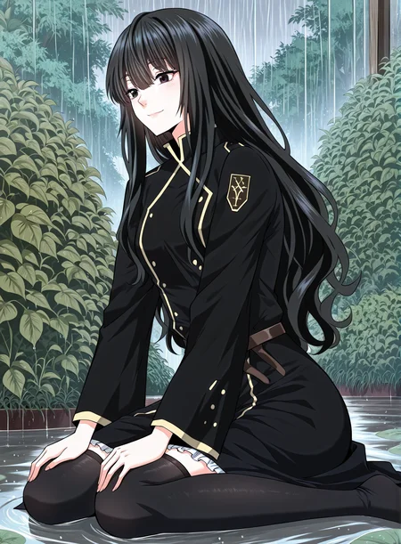 <lora:Kathyln_Glayder__The_Beginning_After_the_End__Illustrious-000009:1>
1 girl, solo, black eyes, brwon eyes, very long hair, black hair, bangs, wavy hair, ahoge, hair between eyes, small breasts, black uniform, long skirt, black thighhighs, balck footwear, sidelocks, long sleeves, belt, frills
score_9, score_8_up, score_7_up, very aesthetic, source_anime, detailed, high quality, beautiful, detailed eyes, masterpiece, best quality, absurdres, perfect anatomy, 1girl, solo, wariza, sitting, hands on own knees, garden background, charming smile, rain, <lora:iLLMythG0thicL1nes:1>