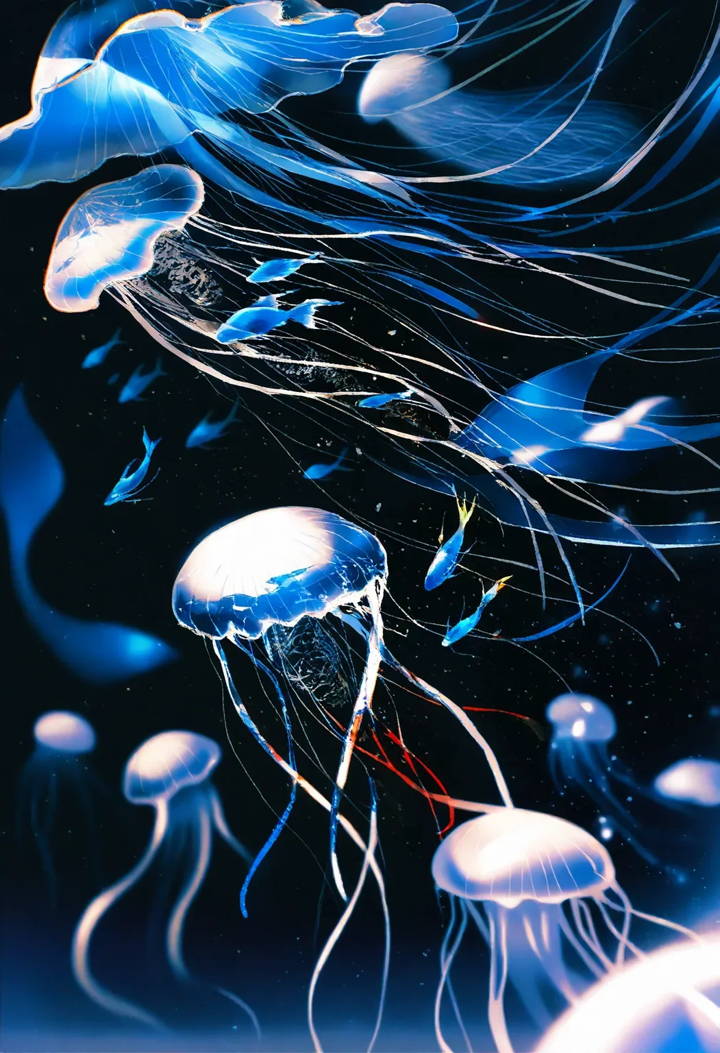 A captivating abstract scene unfolds in a digital artwork, presenting a collection of jellyfish and a fish against a stark black backdrop. The creatures are rendered in shades of cyan and white, giving them a ghostly, ethereal quality.
The central focus is a stylized white fish, adorned with intricate cyan markings that resemble splattered paint or watercolor effects. Its body is outlined with a delicate, almost translucent blue, and it sports a single visible black eye. Attached to the fish are thin, wispy blue appendages, suggesting fins or tendrils that seem to float in the dark space.
Surrounding the fish are several jellyfish, each unique in shape and style. Some are depicted as simple, rounded forms with blue interiors, while others are more elaborate, showcasing flowing, translucent blue shapes that evoke the graceful movement of jellyfish in water. One jellyfish in the upper right corner is particularly detailed, resembling an abstract creature with flowing tentacles and a more defined bell shape.
The overall effect is reminiscent of an underwater scene, illuminated by bioluminescence in the deep sea. The black background enhances the glowing quality of the blue and white figures, creating a dreamlike and visually striking composition. The artistic style suggests a digital painting or watercolor effect, emphasizing fluidity and organic forms. ,overexposure,contour deepening,lens flare,depth of field, (very vibrant colors:0.8), very high contrast, sketch, vivid colors, (saturated:1.0), colorful, very high colorfulness, deep black hues, submerged, pressure, cold atmosphere, dark atmosphere, rella, konya karasue, scratch art, color tracing