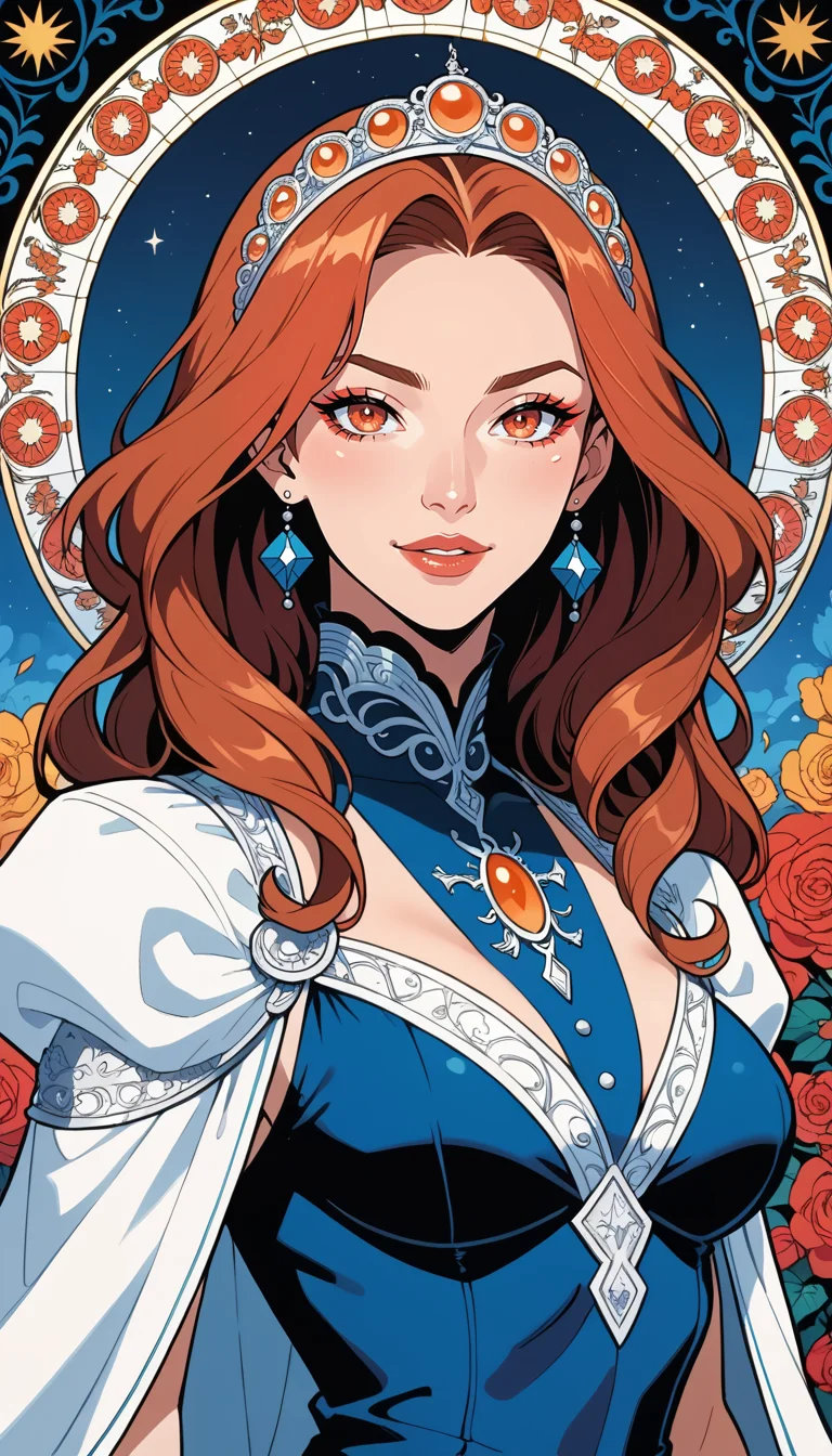 score_9, score_8_up, score_7_up, Western Comics, Portrait, girl, cute, seductive, innocent, light smile:0.3, plump lips, slender body, with long brown hair and red hair, in the style of dark sky-blue and light orange, intricate costumes, light gold and white, harmonious color palette, vibrant, art nouveau, depth of field, dynamic angle, fashion photography, sharp, hyperdetailed:1.15