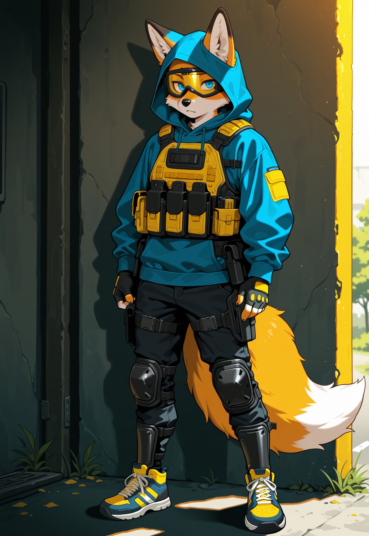 masterpiece,best quality, amazing quality,1boy, solo, fox, Furry fox, fluffy tail, 5 fingers,  Fox Blue eyes, black nose,  sneakers, black jeans, blue hoodie, tactical body armor, yellow ski goggles on eyes under hood, hood, fingerless gloves, knee pads and shin guards, stalker style.