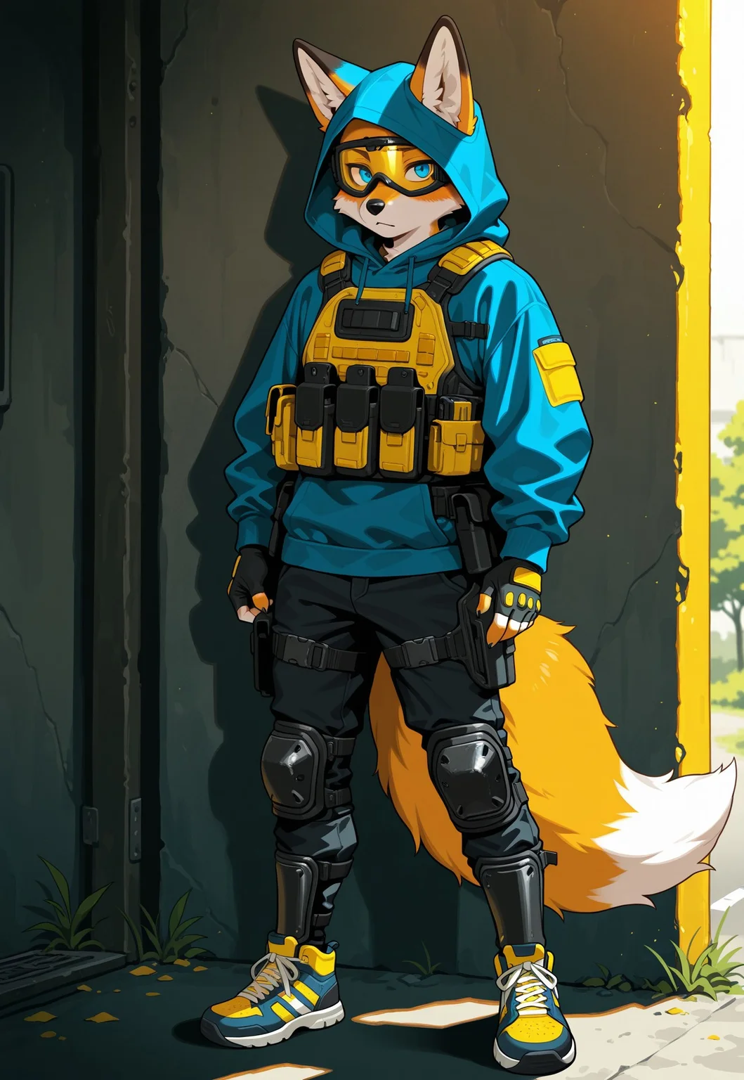 masterpiece,best quality, amazing quality,1boy, solo, fox, Furry fox, fluffy tail, 5 fingers, Fox Blue eyes, black nose, sneakers, black jeans, blue hoodie, tactical body armor, yellow ski goggles on eyes under hood, hood, fingerless gloves, knee pads and shin guards, stalker style.
