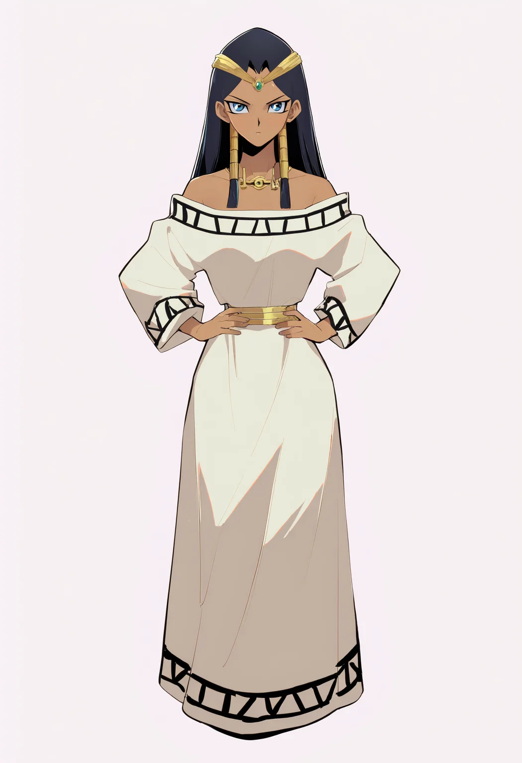 masterpiece, best quality, very aesthetic, absurdres,
1girl, ishizu ishtar, black hair, blue eyes, long hair, hair tubes, dark skin,
tiara, necklace, dress, bare shoulders, off shoulder,
hands on hips, standing, full body,
solo, looking at viewer, simple background, white background,  <lora:IshizuIshtarNoobXL_byKonan:1>