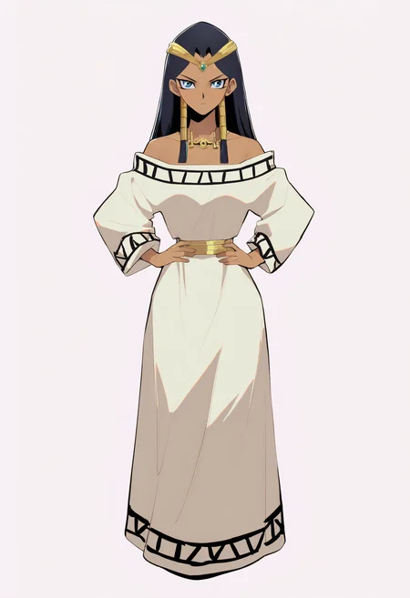 masterpiece, best quality, very aesthetic, absurdres,
1girl, ishizu ishtar, black hair, blue eyes, long hair, hair tubes, dark skin,
tiara, necklace, dress, bare shoulders, off shoulder,
hands on hips, standing, full body,
solo, looking at viewer, simple background, white background, <lora:IshizuIshtarNoobXL_byKonan:1>