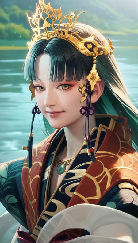 score_9,score_8_up,score_7_up,
<lora:Yoshiro:0.9>,
yoshirogoddess,
realistic,
1girl,solo,
black hair,long hair,hime cut,
yellow eyes,hikimayu,looking at viewer,smile,
ornate gold headdress,jade,intricate traditional robe,sheer cape,red ribbon,detailed and traditional design,
portrait,
blurry background,bloom,lens flare,shimmering water background reflecting sunlight,lake,light particles,