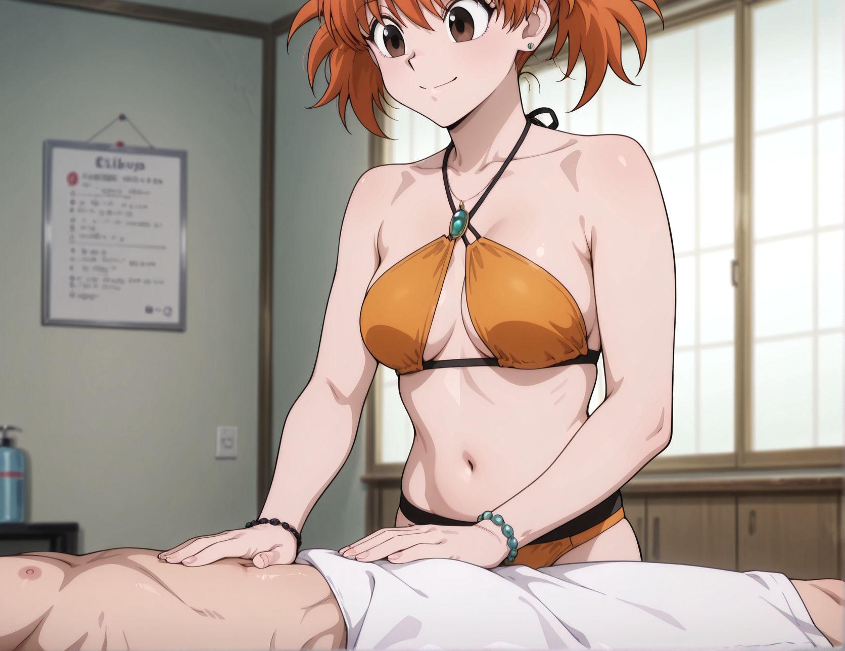 masterpiece, best quality, newest, absurdres, highres, detailed eyes, beautiful, detailed background, perfect eyes, anime coloring, anime screencap,
<lora:Erotic_massage:0.6> Erotic_massageV1,
1girl,solo,
jewelry,breasts,1boy,
head out of frame,
navel,bikini,
massage,lubricant,apply lubricant,
BREAK
<lora:Heavens_Arena_Employees:0.7>,
hxhcommentator, orange hair, short twintails, brown eyes,
killua zoldyck,  
hunter x hunter,   official art,
