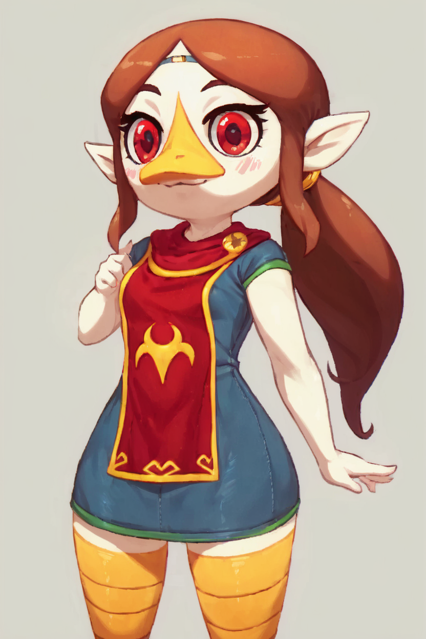 score_9, score_8_up, score_8, medium breasts, (curvy), cute, eyelashes,       BREAK, ,  <lora:MedliZelda_PDXL_v2:0.8>,  zzMedli, solo, 1girl, brown hair, beak, pointy ears, bird, long hair, long hair, red eyes, ponytail, blue dress, red tabard,, BREAK, smile, looking at viewer, cowboy shot, embedding:zPDXL,  <lora:DiivesP1:0.8>,