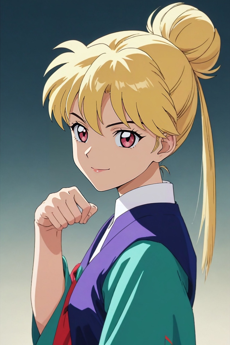 score_9, score_8_up, score_7_up, source_anime, rating_safe, intricate details, , depth of field, 1girl, pink eyes, blonde hair, bun, hair weapon,, solo, from side, mont saint michel, midnight, victory pose, naughty smile, <lora:inuyasha_style_pony:0.78>, inuyasha_style, , <lora:sdxl_lightning_8step_lora:1>