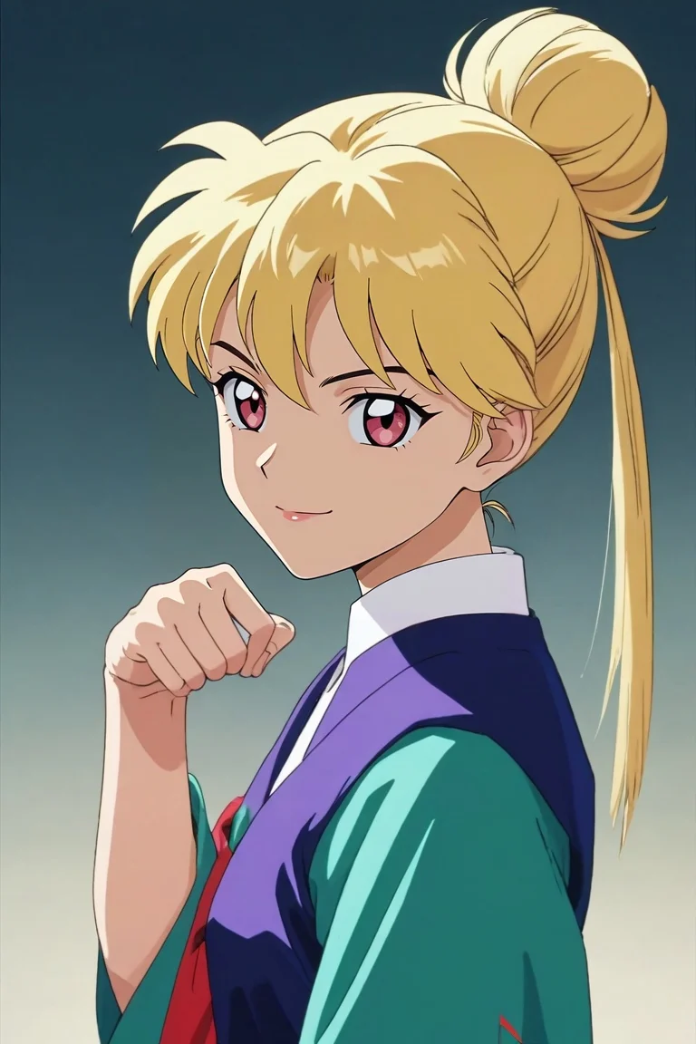 score_9, score_8_up, score_7_up, source_anime, rating_safe, intricate details, , depth of field, 1girl, pink eyes, blonde hair, bun, hair weapon,, solo, from side, mont saint michel, midnight, victory pose, naughty smile, <lora:inuyasha_style_pony:0.78>, inuyasha_style, , <lora:sdxl_lightning_8step_lora:1>