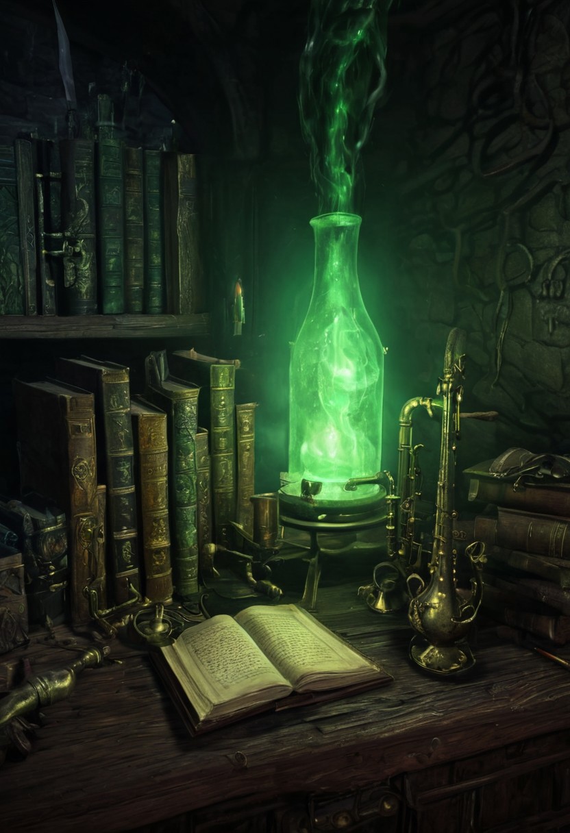 Eldritch laboratory, ancient books, arcane symbols, bubbling potions, dark wood and brass instruments, eerie green light, detailed textures, high detail, high resolution, (dark fantasy, eerie:1.3), (haunting, atmospheric:1.2), (nightmarish:1.4), masterpiece quality <lora:Desolation:0.5>, <lora:The_Horror_Style:0.5>
