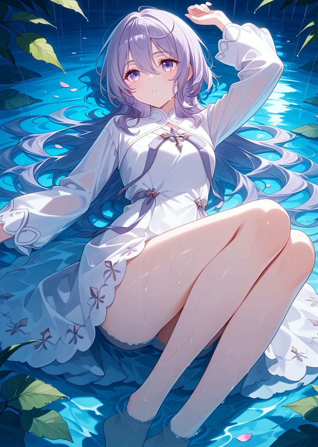general, masterpiece, best quality, amazing quality, very aesthetic, absurdres, newest,eyesHD, high gradient eyes, detailed eyes, high definition eyes, Philia_Adenauer, 1girl,
white dress,
lying, water, wet, on back, partially submerged, arm up, knees up, leaf, bare legs, shallow water, legs, night, petals, rain