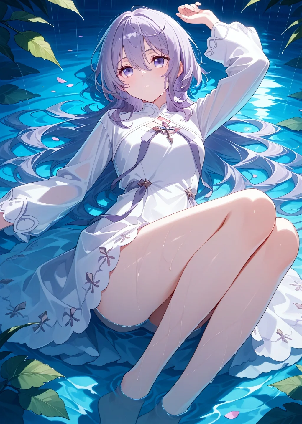 general, masterpiece, best quality, amazing quality, very aesthetic, absurdres, newest,eyesHD, high gradient eyes, detailed eyes, high definition eyes, Philia_Adenauer, 1girl,
white dress,
lying, water, wet, on back, partially submerged, arm up, knees up, leaf, bare legs, shallow water, legs, night, petals, rain