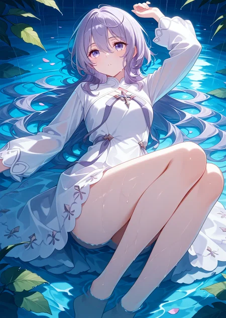 general, masterpiece, best quality, amazing quality, very aesthetic, absurdres, newest,eyesHD, high gradient eyes, detailed eyes, high definition eyes, Philia_Adenauer, 1girl,
white dress,
lying, water, wet, on back, partially submerged, arm up, knees up, leaf, bare legs, shallow water, legs, night, petals, rain