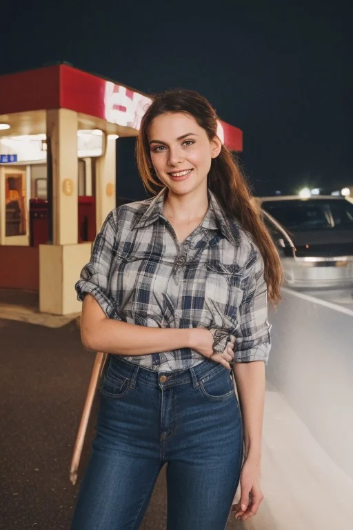 30yo American woman wearing flannel shirt and jeans
Dynamic varying pose.
Gas station. Night time.
Fog.
Dark smooth long hair ponytail. smiling.
Looking at camera.
Full body.