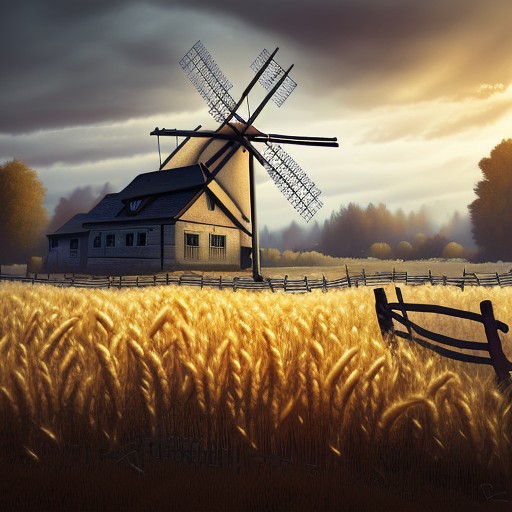 RAW photo, (masterpiece:1.3), subsurface scattering, heavy shadow, (high quality:1.4), (intricate, high detail:1.2), professional photography, HDR, High Dynamic Range, realistic, ultra realistic, photorealistic, high resolution, film photography, ambient lighting, atmospheric effects, <lora:detail_slider_v4:2>, OverallDetail, nice fantasy farmhouse, wheat fields, windmill, fence, fantfa, <lora:FantasyFarm:1>