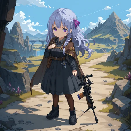 score_max, (score_9, score_8_up, score_7_up:1.2), score_6_up, official art, source_anime,
, masterpiece, absurdres, high detail, 8k,
wasteland, stone, mountain, blue sky,
standing, planted sniper rifle, expressionless,
,pixel art, chibi, solo, felicette, hair ribbon, purple ribbon, side braid, brown cape, black dress, long sleeves, belt, brown pantyhose, black footwear
<lora:XL_Pony_game-marfushasg-felicette-t1:1>