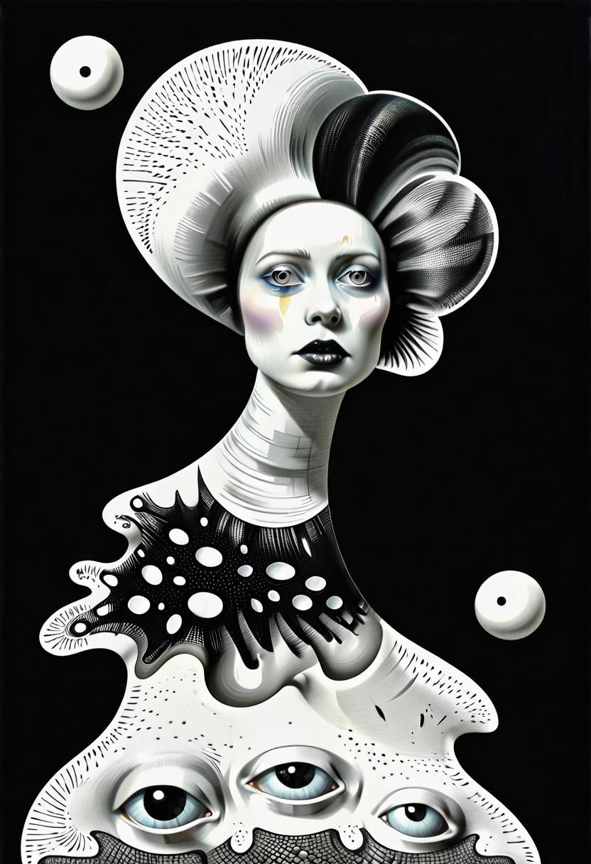 raw sketch of interwoven concrete cement pebbles cob cobblestone shell scales, by Bellmer, by Malevitch, by Kandinsky, Surreal psychedelic bizarre, psychedelic hallucination, pop surrealism, rough crosshatch drawing pop art Lunatic_Portrait of a young woman in latex Avant-garde Fashion page, slick back, low bun, black makeup, sinister expression, intense glare, (melting flesh covered in moss, rot, mold, bubbles, droplets:1.5), avant-garde, abstract, weird, geometric, constructivism, suprematism, rayonism, verticism, lineism, tj