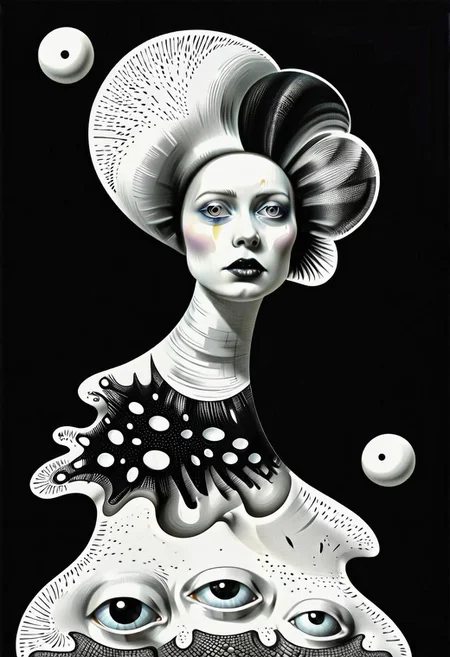 raw sketch of interwoven concrete cement pebbles cob cobblestone shell scales, by Bellmer, by Malevitch, by Kandinsky, Surreal psychedelic bizarre, psychedelic hallucination, pop surrealism, rough crosshatch drawing pop art Lunatic_Portrait of a young woman in latex Avant-garde Fashion page, slick back, low bun, black makeup, sinister expression, intense glare, (melting flesh covered in moss, rot, mold, bubbles, droplets:1.5), avant-garde, abstract, weird, geometric, constructivism, suprematism, rayonism, verticism, lineism, tj