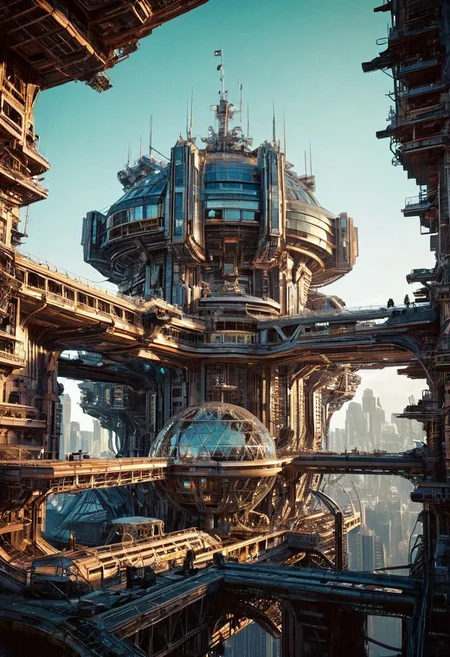 Visualize a futuristic space station, symbolizing online community in the style of incorporate elements that evoke a sense of building with a large spaceship complex, elegant, expansive, fantastical, film photography style, light grain