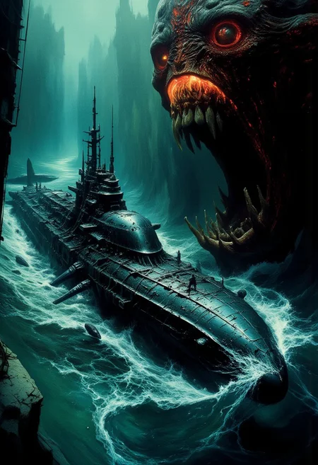 Envision a tense underwater scene where a submarine sails away from a colossal alien monster with an enormous, gaping mouth lurking in the abyss. The submarine’s sleek frame is captured in high detail, reflecting eerie, neon-acid colors from the surrounding water. The monstrous creature glows with vibrant hues, casting an ominous light that contrasts sharply against the dark, endless ocean depths. The scene is lit dramatically, in a dynamic Dutch angle and close-up, emphasizing the urgency and horror of the escape, with intricate textures and high-contrast reflections bringing this hard sci-fi concept to life.
best quality,masterpiece,detailed,award-winning,suspenseful,refraction,gloss,translucent water,  bubbles, in motion,underwater,submerged,low angle,light trails,light particles,remarkable,visually stunning,absurdes,surreal,mesmerizing,red,yellow,cyan,color contrast,caustics
Moebius
John Harris
John Berkey