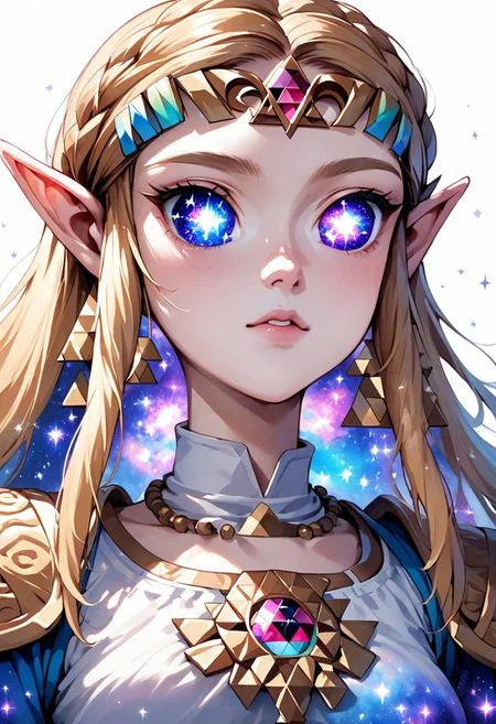 source_anime, colorful, score_9, score_8_up, score_8, (masterpiece), eyedetailxl, bettereyes, detailed_eyes, upper_body, bust, BREAK, 1girl, Princess Zelda, multicolored_eyes, (galaxy eyes:1.2), galaxy_eyes, bright_pupils, (white background)