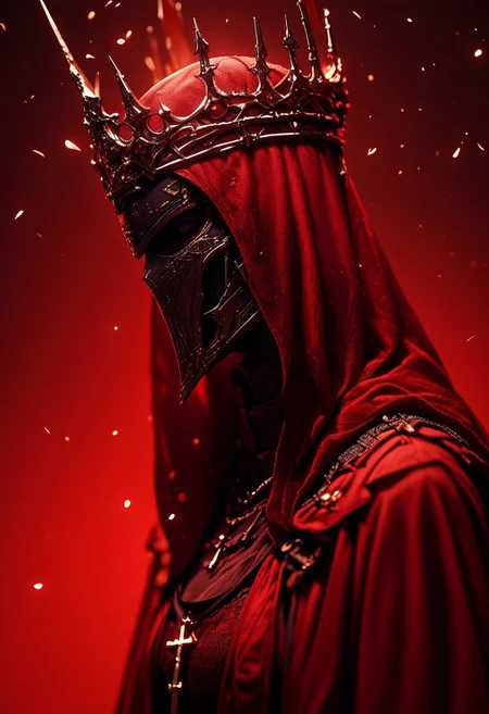 (score_9, score_8_up), score_7_up, 1girl, simple background, jewelry, upper body, hood, necklace, armor, from side, mask, halo, helmet, cross, crown, veil, cloak, red background, spikes, hood up, robe, red theme, covered face, helm
,
depth of field, blurry background, black background, dark, CINE, embers,
<lora:unholy-000009:0.75> <lora:CINE-000008:0.5>