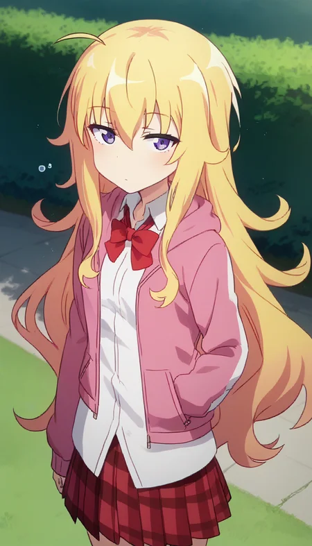 score_9,score_8_up,score_7_up,score_6_up BREAK official art,solo,outdoors,upper body,(portrait:1.5),looking at viewer,facing viewer,blush,sleepy,expressionless,deadpan,Gabriel Tenma White,ahoge,very long hair,blonde hair,messy hair,sidelocks,hair between eyes,bangs,purple eyes,half-closed eyes,pink hoodie,red bowtie,collared shirt,white shirt,small breasts,red skirt,pleated skirt,plaid skirt,black socks,uwabaki,<lora:Gabriel Tenma White(gd)-Pony:1.8>,